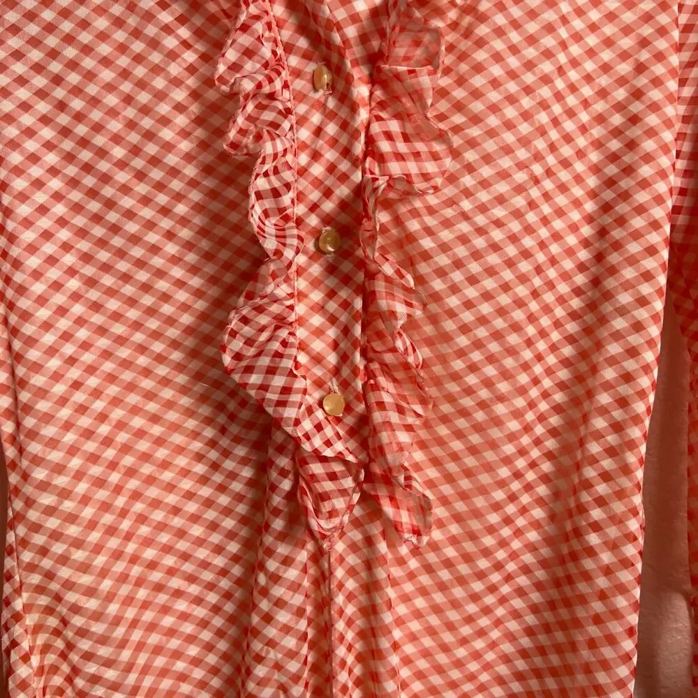70’s Vintage Red Gingham Check Print Ruffle Front Collared Bodysuit Size M